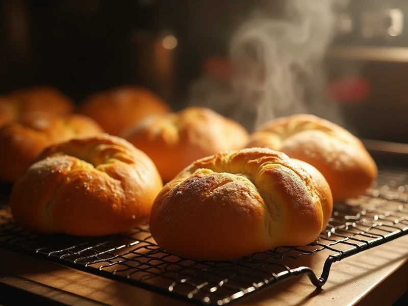 Brötchen fresh out of the oven, golden brown with a crispy, golden crust