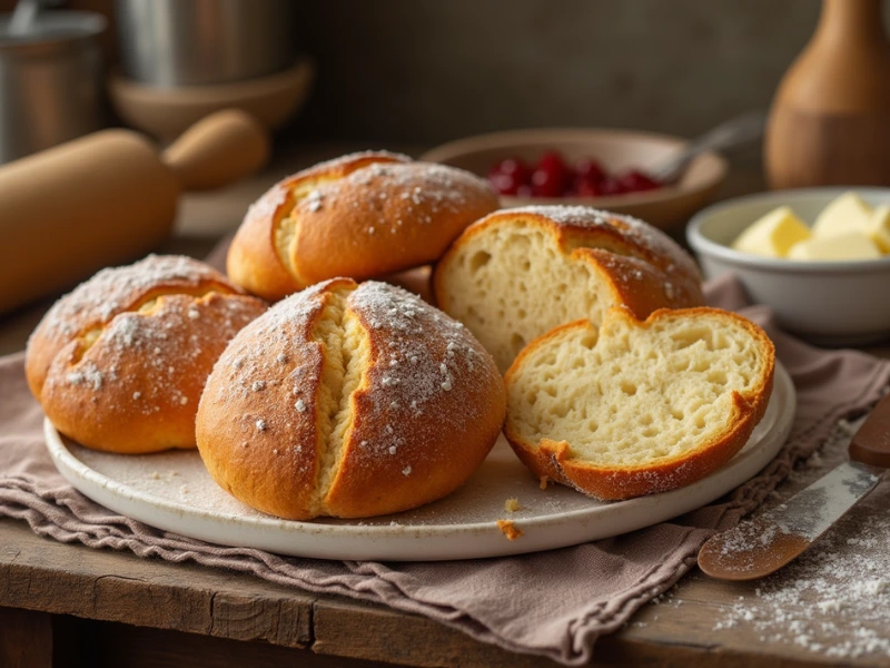 Close-up of freshly baked Brötchen with a crispy crust and soft, fluffy interior visible