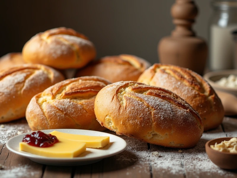 Freshly baked golden Brötchen with soft interior, served with butter and jam