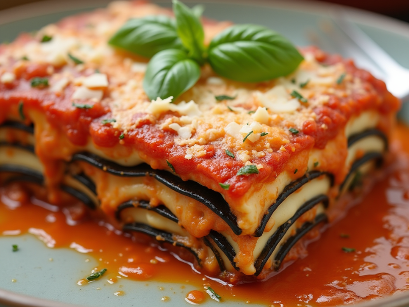 Auberginen-Lasagne mit Ricotta und Tomatensauce, serviert in einer Auflaufform