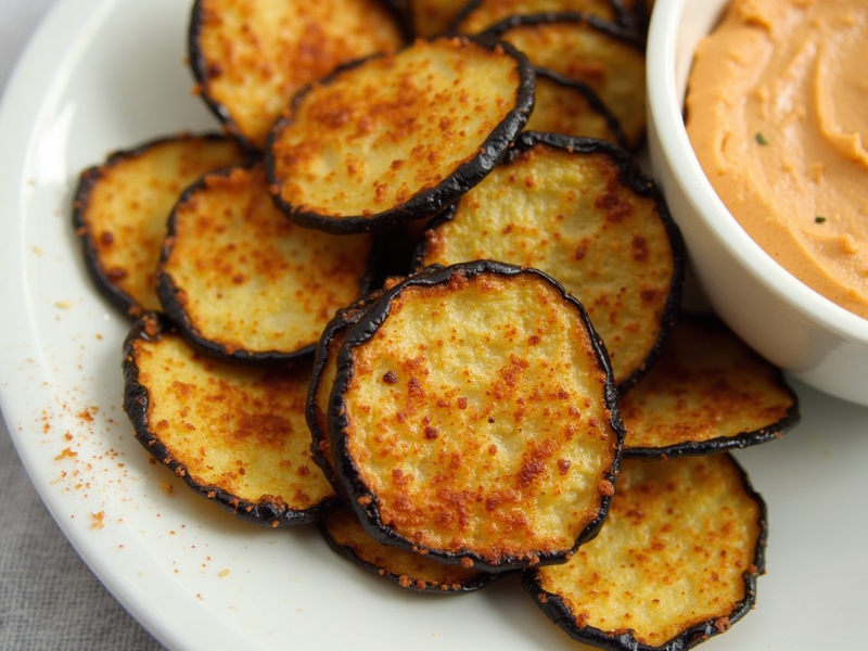 Kross gebackene Auberginen-Chips mit Paprika und Knoblauchpulver, serviert mit Hummus