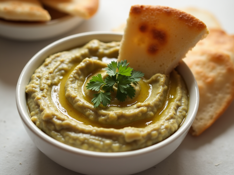 Cremiges Auberginenpüree mit Knoblauch und Zitrone, serviert mit Pita-Brot