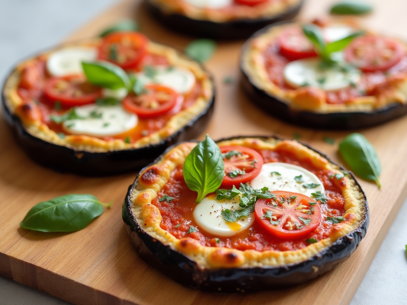 Auberginen-Pizza mit Mozzarella, Tomaten und Basilikum auf einem Holzbrett