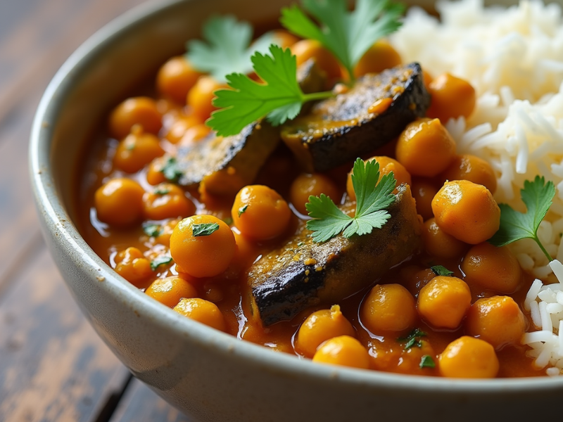 Auberginen-Curry mit Kichererbsen und Basmatireis, garniert mit Koriander