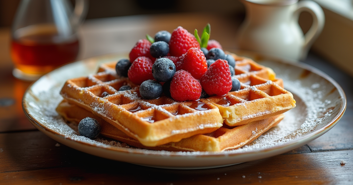 Ein Teller mit fluffigen goldbraunen Belgischen Waffeln, dekoriert mit frischen Himbeeren, Blaubeeren, Puderzucker und Sirup.