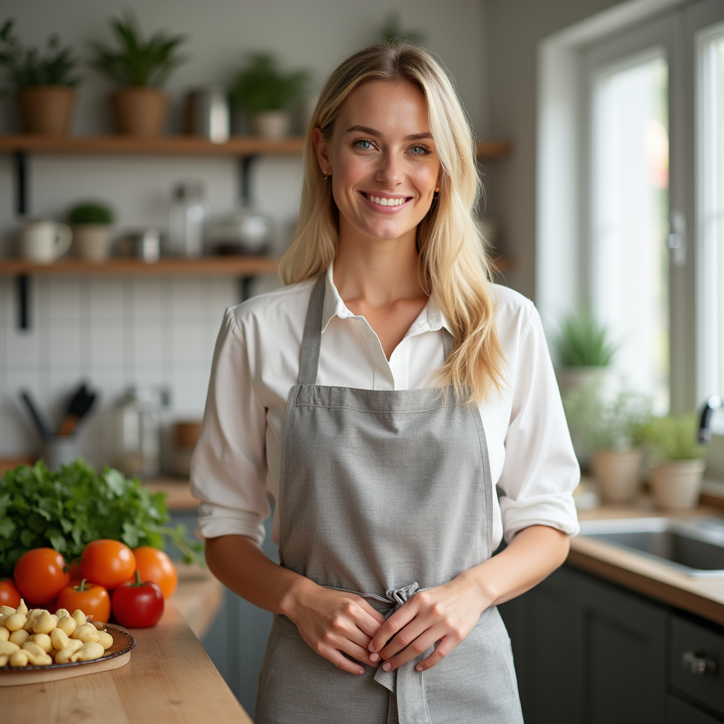 Frida, eine lächelnde Köchin in Schürze, posiert in ihrer Küche vor frischen Zutaten wie Tomaten und Kräutern.