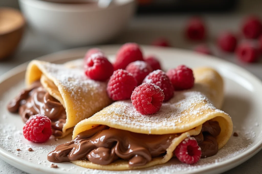 Gefüllte Crêpes mit flüssiger Schokoladencreme, garniert mit frischen Himbeeren und bestreut mit Puderzucker