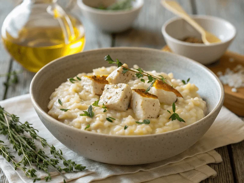 Cremiges Hähnchenrisotto in einer neutralen Schale, garniert mit gebratenen Hähnchenstücken und frischen Thymianblättern. Ein herzhaftes und proteinreiches Risotto Rezept.