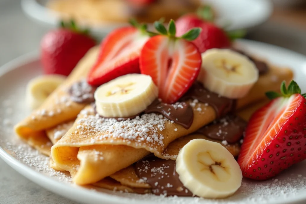 Hauchdünne Crêpes mit Nutella, frischen Erdbeeren, Bananenscheiben und einer Prise Puderzucker