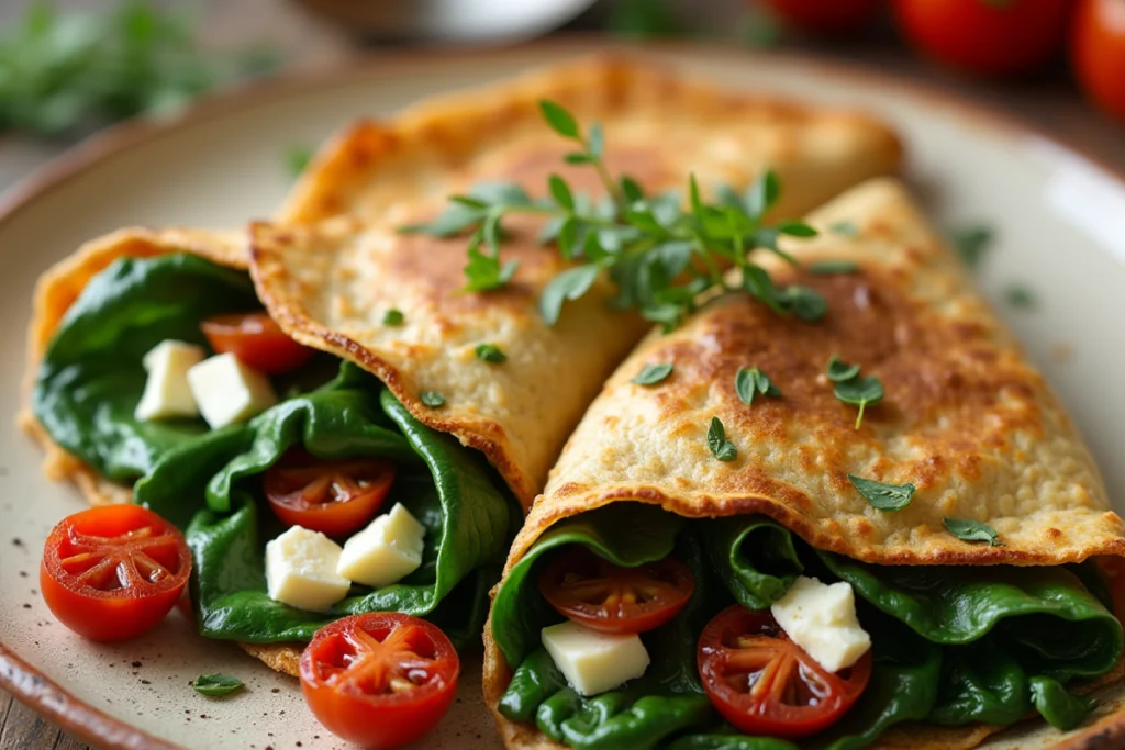 Herzhafte Crêpes gefüllt mit frischem Spinat, Kirschtomaten, und Feta-Käse, garniert mit Thymian