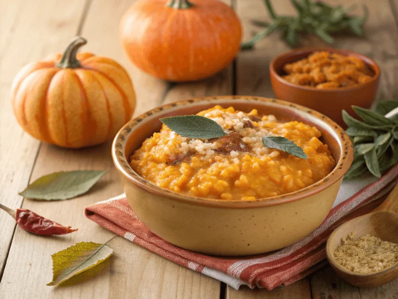 Ein herbstliches Kürbisrisotto in einer rustikalen Schale, verziert mit frischen Salbeiblättern und geriebener Muskatnuss. Perfekt für die herbstliche Risotto-Küche.