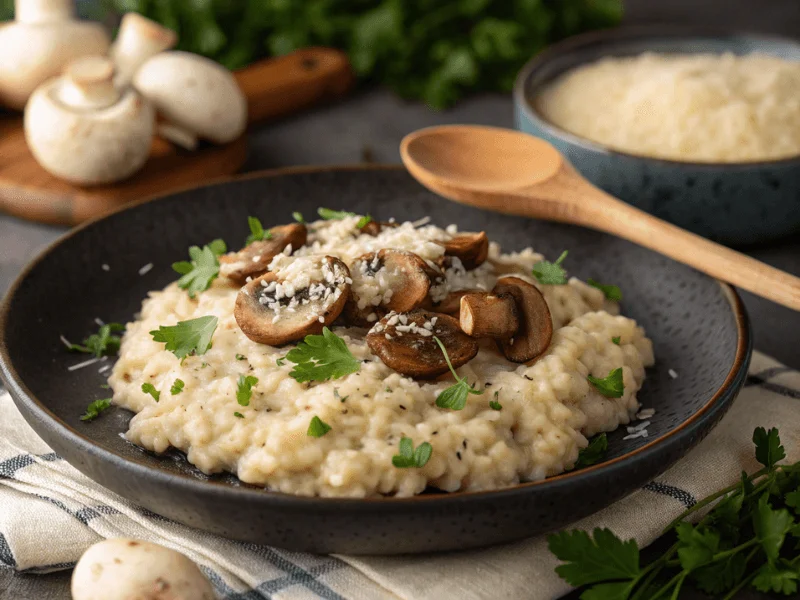 Ein klassisches Pilzrisotto in einer dunklen Keramikschale, garniert mit sautierten Champignons, geriebenem Parmesan und Petersilie. Ein vegetarisches Risotto Rezept mit Umami-Geschmack.