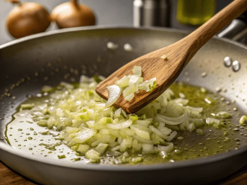 Zwiebeln werden in Olivenöl in einer Pfanne glasig gedünstet – erster Schritt des Risotto Rezepts.