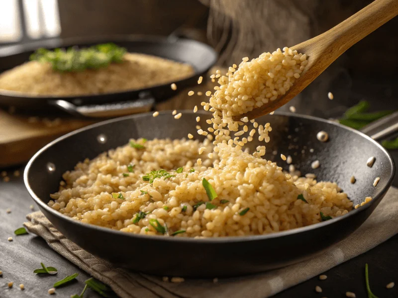 Arborio-Reis wird in einer Pfanne angeröstet – ein wichtiger Schritt für die perfekte Konsistenz im Risotto Rezept.