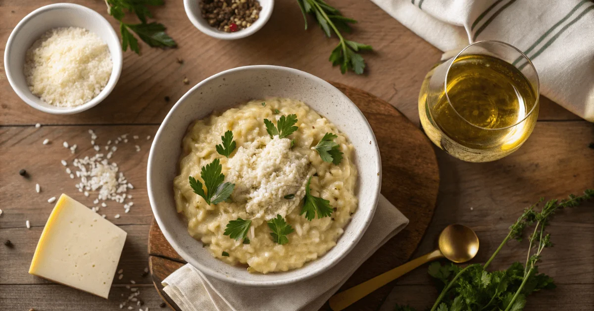 Cremiges Risotto mit frischen Kräutern und Parmesan in einer rustikalen Schüssel – das perfekte Risotto Rezept.