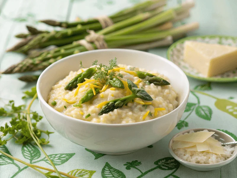 Cremiges Spargelrisotto in einer weißen Schale, garniert mit grünem Spargel, Zitronenzesten und frischer Petersilie. Ein frühlingshaftes Risotto Rezept, das durch seine Leichtigkeit überzeugt.