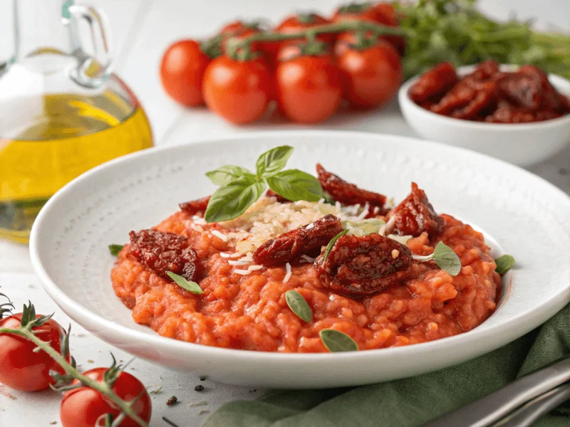 Ein sommerliches Tomatenrisotto auf einem flachen weißen Teller, garniert mit getrockneten Tomaten, frischen Basilikumblättern und Parmesan. Ein leichtes und mediterranes Risotto Rezept.