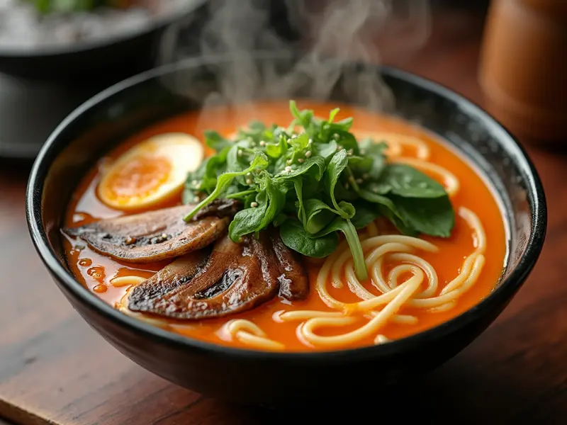 Steaming bowl of Kürbis-Ramen with vibrant orange broth, spinach, shiitake mushrooms, ramen noodles, garnished with green onions and sesame seeds.