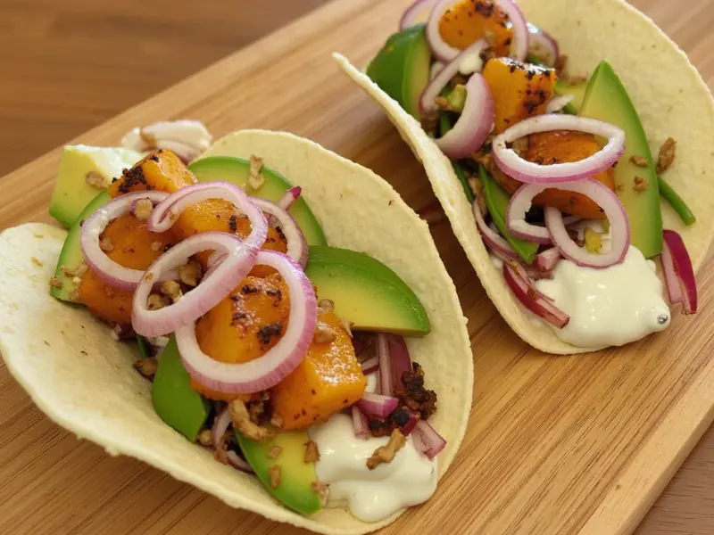 Two Kürbis-Tacos with roasted orange Kürbis chunks, red onions, avocado slices, and lime crema, served on a wooden platter