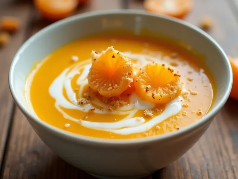 Bowl of creamy Klassische Kürbissuppe with coconut milk swirl, roasted Kürbiskerne, and a drizzle of Kürbiskernöl