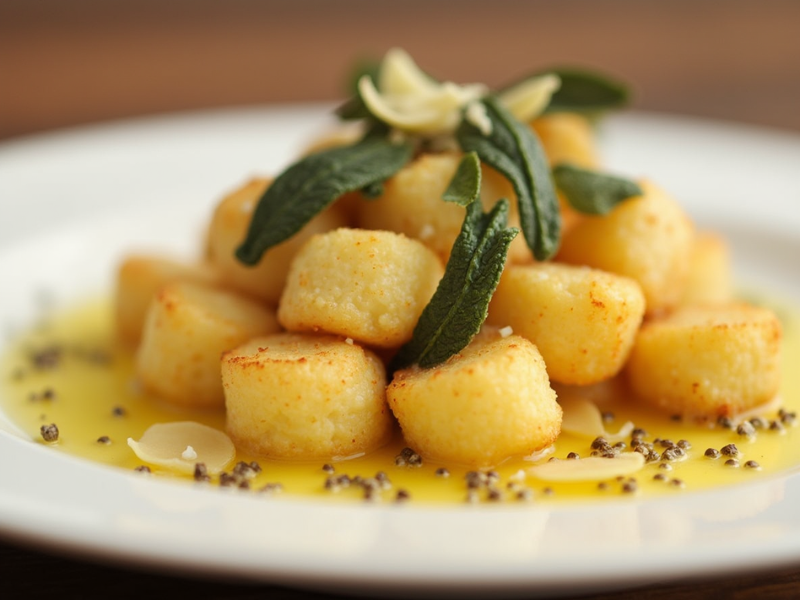 Golden Kürbis-Gnocchi in brown butter with crispy sage leaves and Parmesan shavings