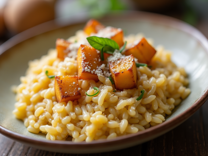 Creamy Kürbis-Risotto with roasted Kürbis cubes and a sprinkle of Parmesan