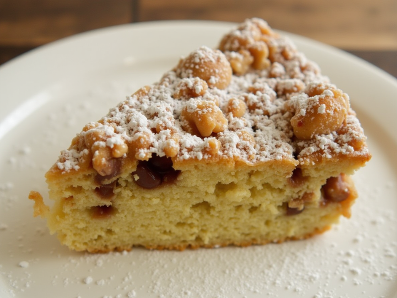 Slice of moist Kürbiskuchen with walnut chunks, powdered sugar topping, served on a dessert plate