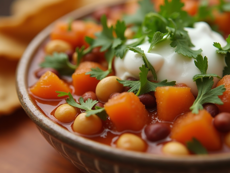 Hearty Kürbis-Chili with bright orange pumpkin chunks, beans, sour cream, and cilantro garnish