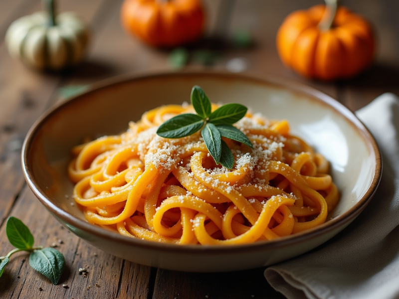 Creamy Kürbis-Pasta with Linguine, golden pumpkin purée sauce, and grated Parmesan, garnished with fresh parsley.