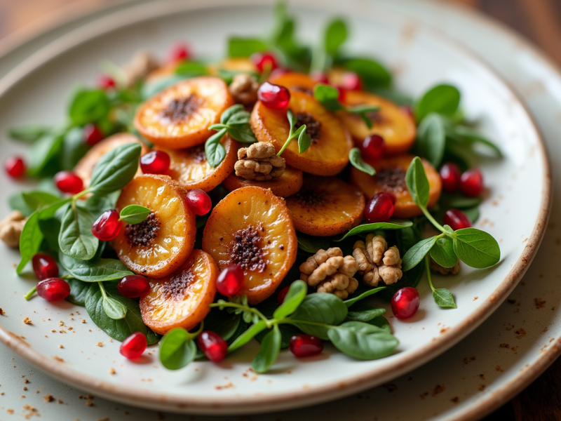 Colorful Kürbissalat with roasted Kürbis slices, fresh arugula, pomegranate seeds, and walnuts, drizzled with Balsamico dressing