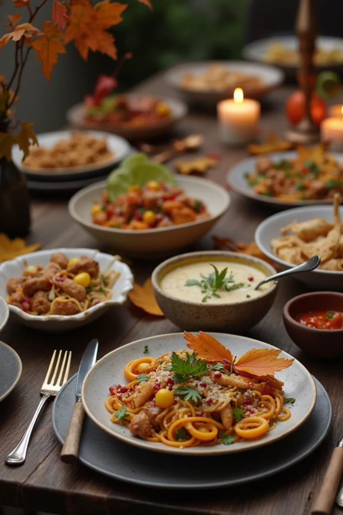 Autumn table with Kürbis-Ramen, Kürbissuppe, Ofenkürbis, and Kürbis-Tacos, styled with seasonal decor like leaves and candles