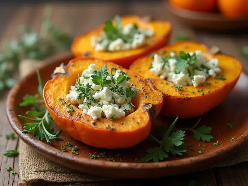 Roasted Ofenkürbis stuffed with crumbled feta cheese and fresh herbs, served on a wooden plate