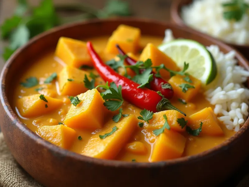 Delicious Kürbis-Curry with pumpkin chunks, coconut milk, and a sprinkle of fresh cilantro, served with rice