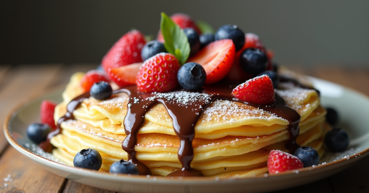 Hauchdünne Crêpes garniert mit frischen Erdbeeren und Blaubeeren, verfeinert mit Schokoladensauce und Puderzucker – das perfekte Crêpes Rezept für Zuhause.