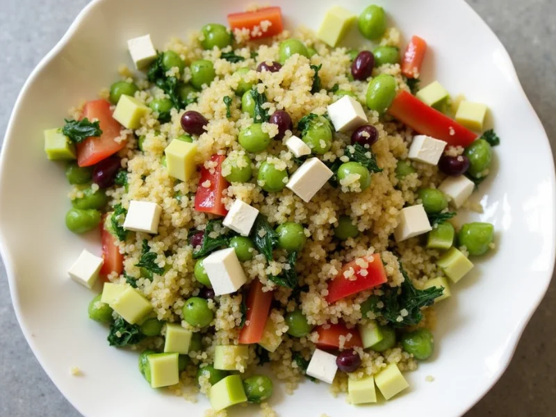 Bunter Quinoa Salat mit gegrilltem Gemüse, Feta-Käse und frischen Kräutern in einer weißen Schale