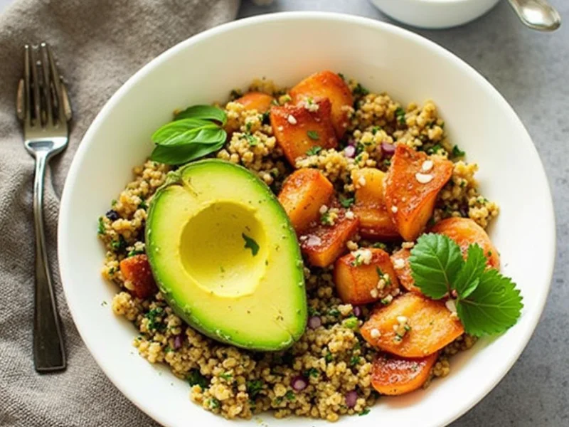 Warme Quinoa-Bowl mit zarten Lachsfilets, Avocadoscheiben, und frischen Kräutern, serviert in einer Schale.