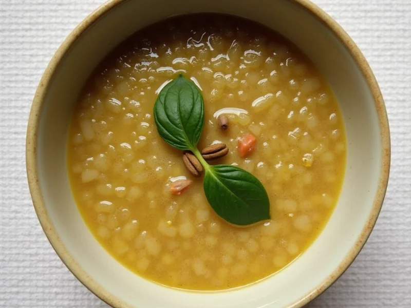 Herzhafte Quinoa-Linsensuppe mit Karotten, Sellerie, und Gewürzen, serviert in einer weißen Schüssel.