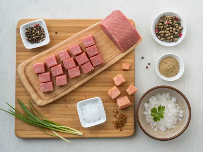 Zutaten für Bayerischen Leberkäse: Rindfleisch, Schweinefleisch, Rückenspeck, Gewürze und Eiswürfel, flach angeordnet