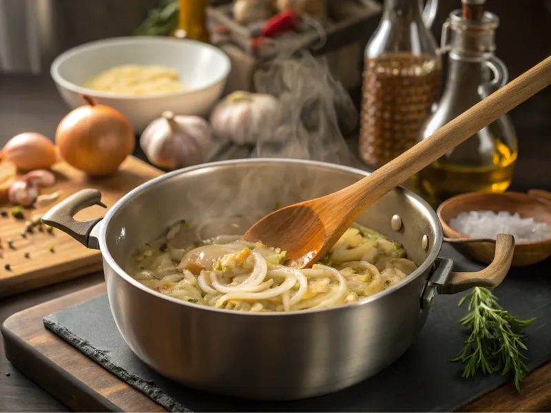 Zwiebeln und Knoblauch werden in einem Topf auf dem Herd glasig angebraten.