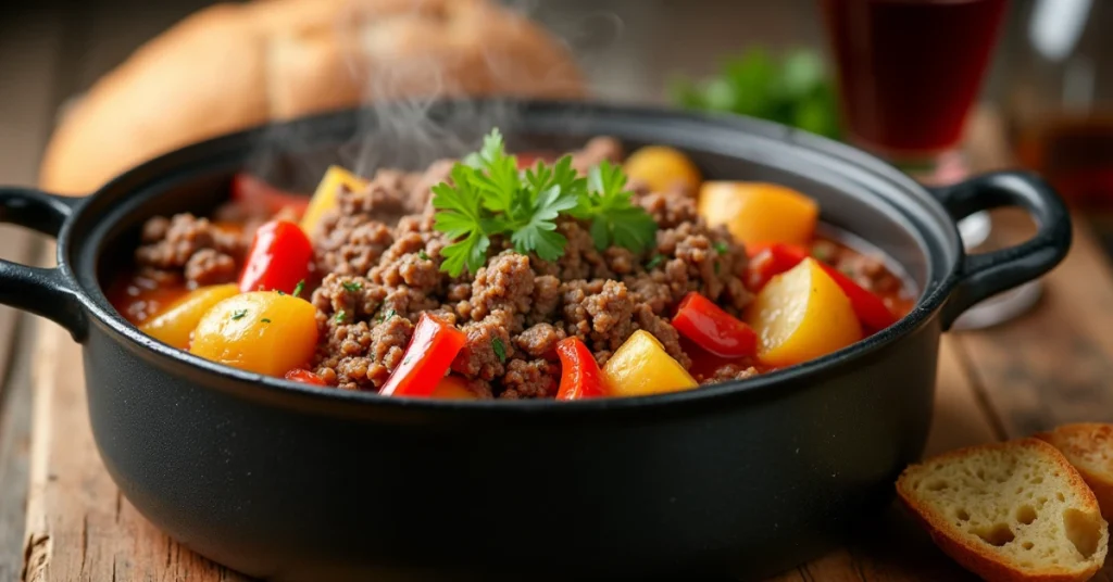 Bauerntopf Rezept: Leckerer Eintopf mit Hackfleisch, Kartoffeln, Paprika und frischen Kräutern, serviert in einem schwarzen Topf mit Brotbeilage.