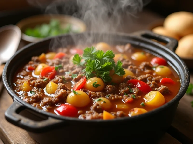 Ein dampfender Bauerntopf mit Kartoffeln, Hackfleisch, Paprika und frischer Petersilie, serviert in einem rustikalen Topf auf einem Holztisch, begleitet von Brot und einem Glas Rotwein