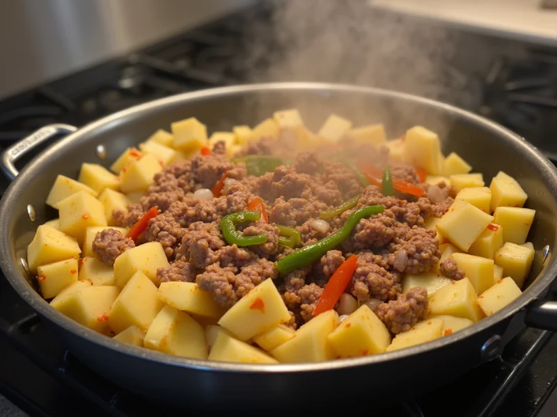 Bauerntopf im Topf während des Kochens mit Kartoffeln, Hackfleisch, Paprika, Zwiebeln und Gewürzen