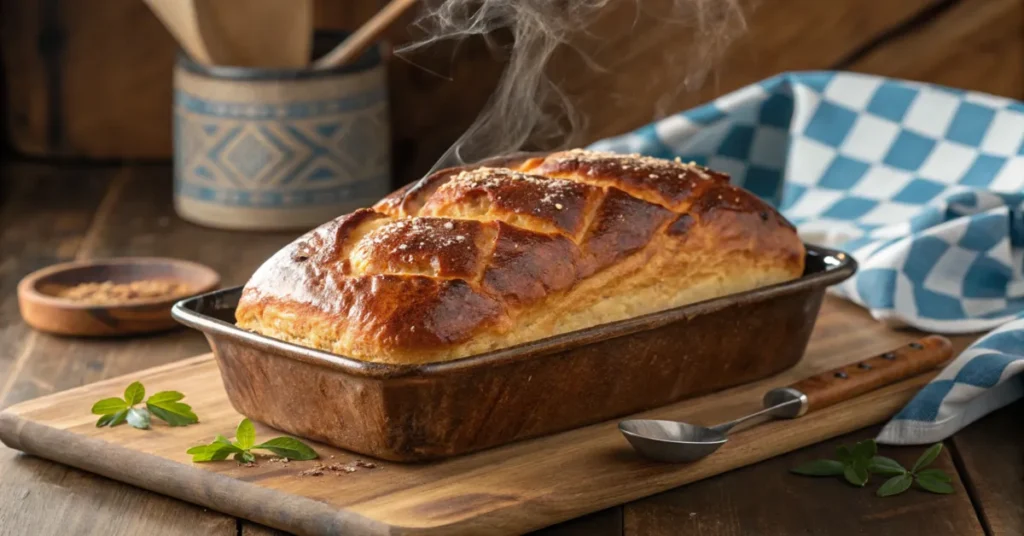 Frisch gebackener Bayerischer Leberkäse mit goldbrauner Kruste in einer traditionellen Backform