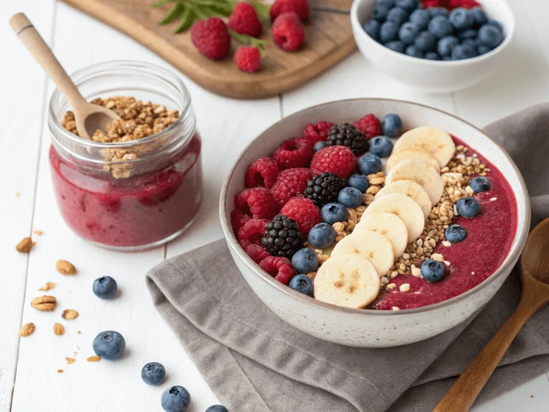 Beeren-Smoothie-Bowl mit Himbeeren, Heidelbeeren, Bananen und Granola dekoriert – gesunde Rezepte Ninja Creami.