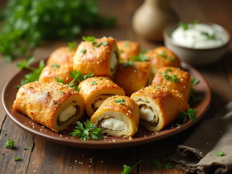 Goldbraune, knusprige Börek-Teigröllchen, gefüllt mit cremigem Feta-Käse und frischer Petersilie, serviert mit Joghurt-Dip auf einem rustikalen Tisch, perfekt für ein türkisches Frühstück