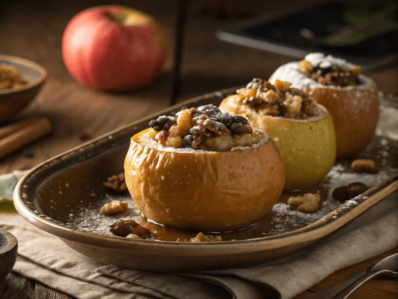 Bratapfel Rezept – Gebackener Bratapfel auf herbstlichem Stoff mit Zimt und Puderzucker.