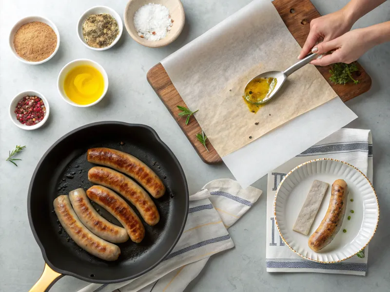 Schritt-für-Schritt-Zubereitung von Bratwürsten: Abtrocknen, Öl in der Pfanne erhitzen und goldbraun braten.