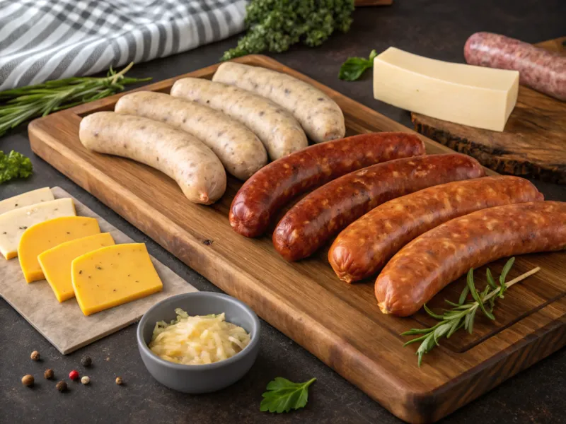 Verschiedene Bratwurstsorten, darunter rohe, gekochte und Käsebratwurst, auf einem Holzbrett präsentiert.