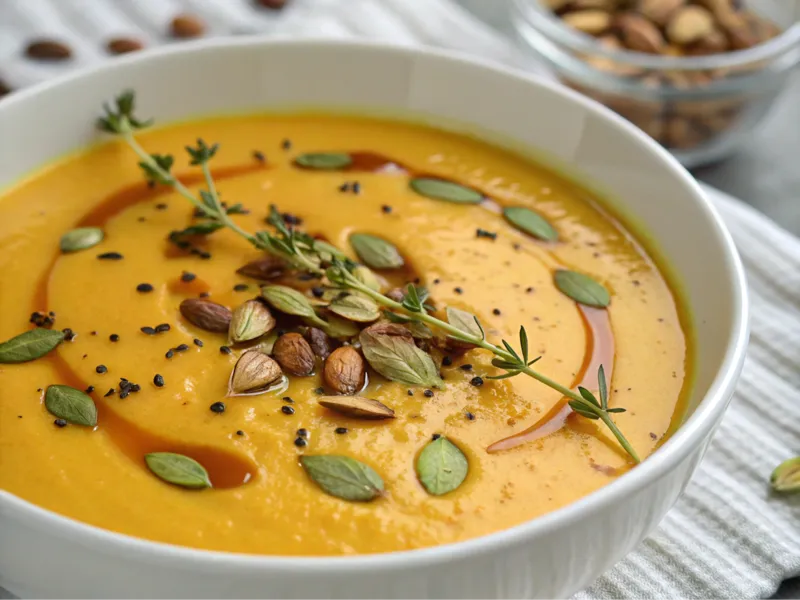 Servierfertige Butternut Kürbissuppe mit Sahne und gerösteten Kürbiskernen garniert