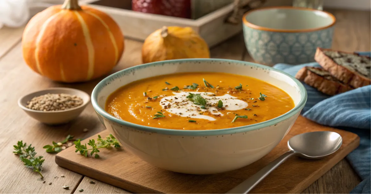 Cremige Butternut Kürbissuppe mit Sahne und Kürbiskernen serviert in einer rustikalen Schale